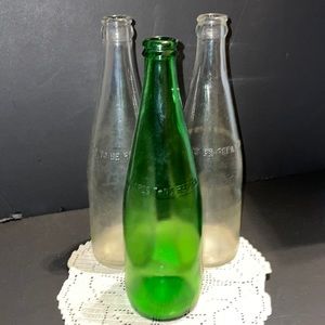 Glass Bottles Lot 3 One Pint Green Clear Collectibles Vintage Prop Beer Soda